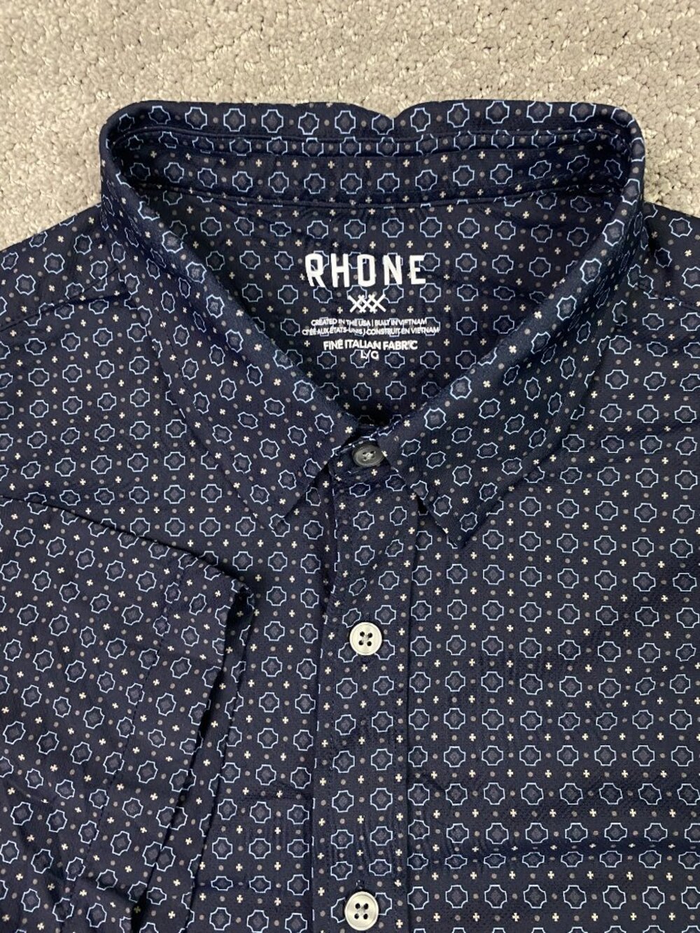 Rhone Commuter Shirt Men's Large Blue Geometric Short Sleeve Button Up Down